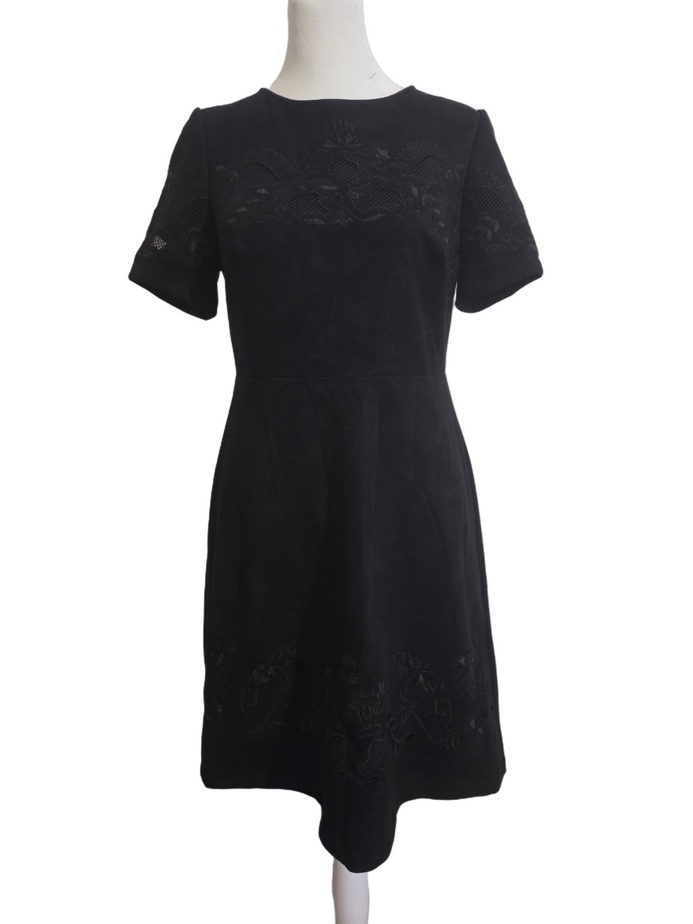Jax Vintage Black Short Sleeve Fit-and-Flare Faux Suede Embroidered Dress Size 4